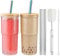 CJWLKJ 2 Pcs Glass Cups Set, 22 Oz Reusable Boba Bubble Tea Cups with Bamboo Lids and Straws, Wide Mouth Mason Jar Drinking Glasses Iced Coffee Cup Glass Tumbler Bottle for Smoothie, Juice, Gift