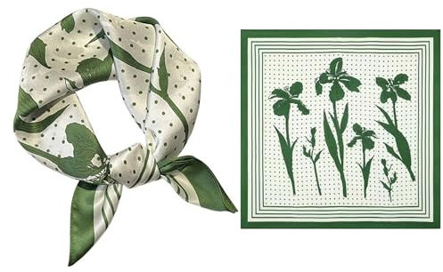 GIMIRO Schal aus imitierter Seide [53 x 53cm] Quadratische Schals Impressionismus-Muster Vintage-Schal für Büroarbeit oder lässigen Bund (61# H01 White/Green Iris)
