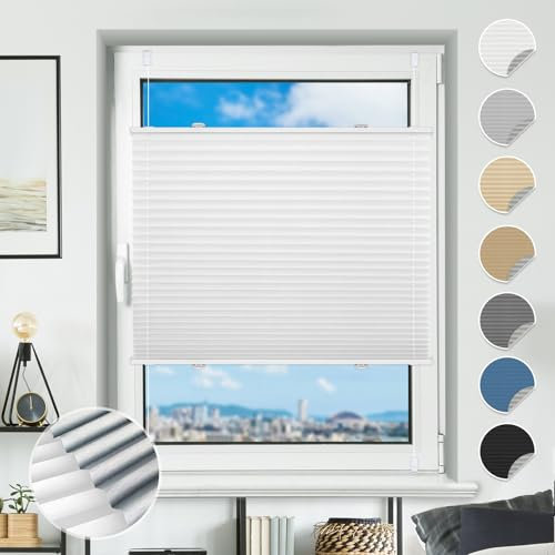 Plissee ohne Bohren Verdunkelung Plissees Klemmfix 70x100cm(BxH) Weiß 100% Blickdicht Verdunklungsplissee Fensterrollo innen ohne Bohren Aluminium Rollos für Fenster & Tür