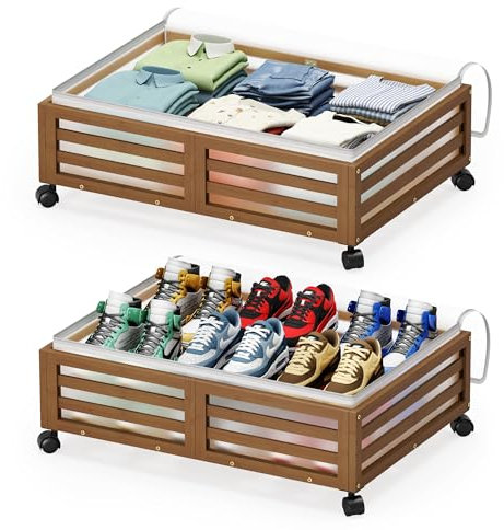 Xadgve Under Bed Storage Containers-Bamboo Underbed Organizer with Wheels with Large Dust Bag, for Clothes Books Shoes Bedding Sturdy Foldable Space-saving (2 Packs walnut)