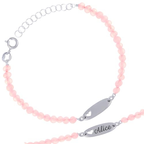 Bracciale in Argento 925 + Perline di Quarzo Rosa Naturale + Piastrina Personalizzabile con Incisione Nome + Idea Regalo per Bambina per Battesimo, Comunione e Compleanno