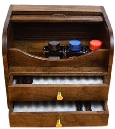 Fountain Pen Storage Luxury Box - Wooden Pen Organizer with Drawer and Top Ink Bottle Storage - 20 Pen Pencil Case for Shop or Home