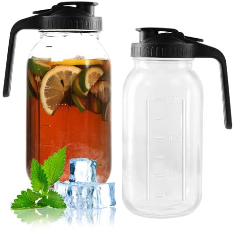 Focenat 2PCS Carafe en Verre avec Couvercle, 1.8 Litre Carafe à Eau avec Poignée, Bouteille en Verre à Large Ouverture, Cruche en Verre, Pichet à Eau pour Thé Glacé, Jus, Thé, Lait, Café
