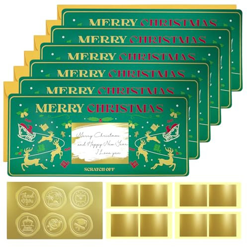 6 Weihnachtskarte mit Umschlag,Weihnachtskratzkarte Überraschungsgeschenk Enthüllung, 20cmx9cm Frohes Neues Jahr Karte,Grüner Elch Grußkarte zum selber schreiben für Freundin,Ehefrau,Familie,Freund