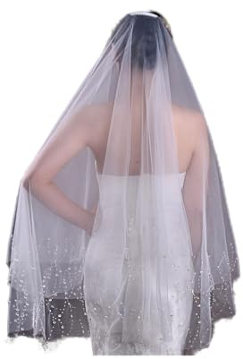 Schleier für die Braut, Heiraten Schleier Transparenter Kristallperlen-Kettenrand-Schleier Eleganter Brautschleier Zweistufiger weicher Tüll Hochzeitsaccessoires Damenschleier