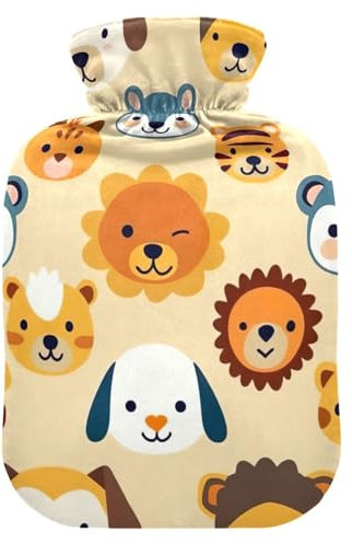 Adorable Animal Faces Yellow Hot Water Bottle with Soft Cover Feet Warmer with Soft Cover Hot Water Bag for Neck and Shoulder Pain Relief, 1L