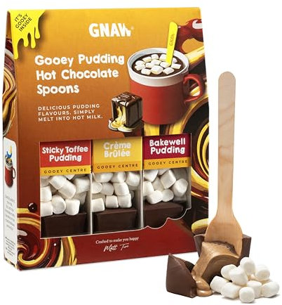 Gnaw Hot Chocolate Gift Set, Hot Chocolate Spoon Trio, Soft Centre Pudding Set, A Selection of Filled Milk Chocolate on Spoons with Marshmallows