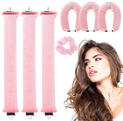 JJUNW 4 Stück Lockenwickler über Nacht, Hitzefreier Lockenwickler mit Haarband, Rosa DIY Haare Locken mit Haken für alle Haartypen DIY Heatless Curls Band Frisurenset für Langes Mittleres Haar