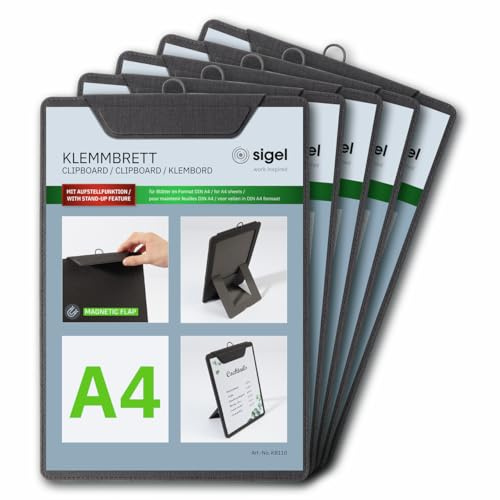 SIGEL Klemmbretter A4 anthrazit Aufstellfunktion 5er Pack | KB110/5, stabiles, stylisches Clipboard mit edler Leinenstruktur, strapazierfähig und leicht abwischbar, für Speisekarten