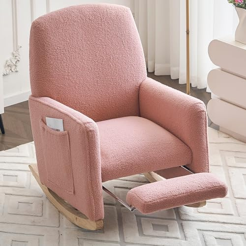 DEKKETO Teddy Schaukelstuhl mit Hocker, Bequem Schaukelsessel mit Fußstütze, Stillsessel zum Stillen, Relaxsessel für Wohnzimmer Innen, Rosa