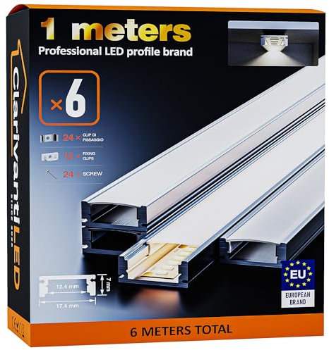 ClarivantiLED 1m×6 Profilé Aluminium LED Rail avec Diffuseur Goulotte et Profile Alu pour Ruban LED Profilé en U pour Installation Facile Support LED Couvercle Blanc Embouts et Clips Montage