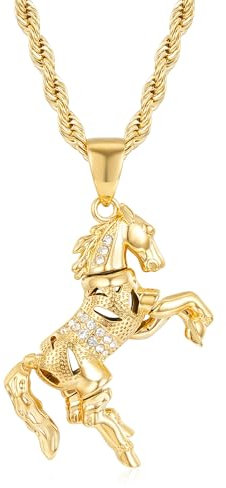 5mm Gold Horse Pendant Necklace With Clear Stones & Rope Chain, 24-Inch, 78g, Gold Plated - Bling King London