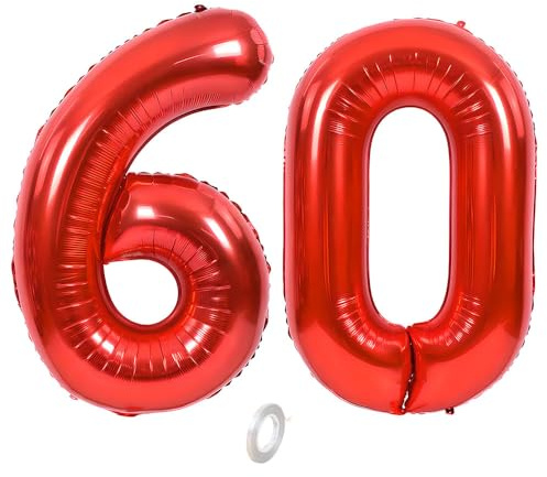 Balorise 40 Zoll Aluminium Luftballon Rot Zahl 60, Helium Unterstützt, Ballon Nummer 0-9, 10-100 (101cm), große Folienballons Dekoration für Geburtstagsfeier, Hochzeit, Jubiläum