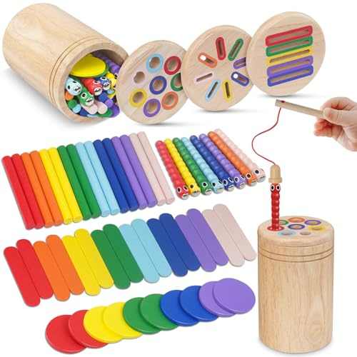 Akosuntoys Montessori Wooden Toddler Travel Toys 1 2 3 Year Old Boys Girls, Wooden Color Montessori Toys for 1 2 3 Year Old Educational Stacking Shape Sorter Learning Toys for Boys Girls