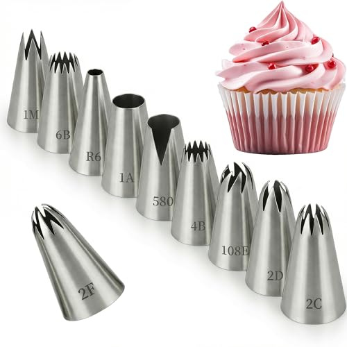 WUBAYI Spritztüllen-Set aus Edelstahl, groß, wiederverwendbar, für Buttercreme, Cupcakes, Kekse und Rosen, ideal zum Backen und Basteln, 10 Stück