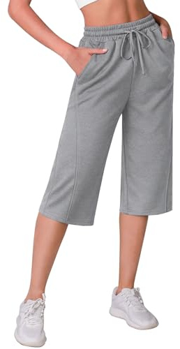 Crewhpo Women's Capri Sweatpants 3/4 Length Cropped Trousers with Pockets | Elastic Waist, Drawstring, Straight Leg, Loose Fit, Tracksuit Bottoms, Jogging, Running, Summer Casual, Daily Wear