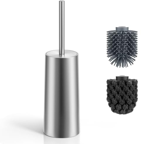 Siapapla Klobürste mit 2 Aufsätzen, 304 Edelstahlhalter, Gebürstetes Silber | Mit Silikon- und Borstenaufsatz: für tägliche Reinigung oder mehr Scheuerkraft; freistehend, 39 cm