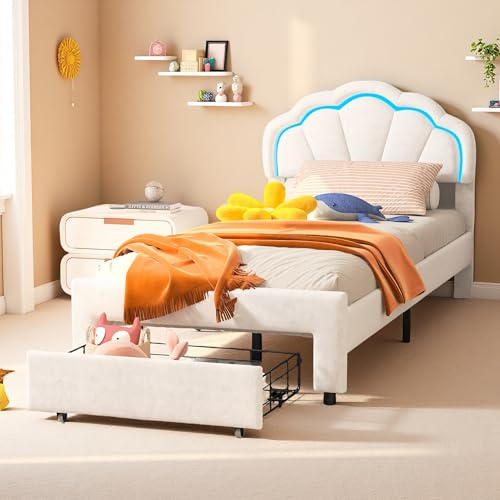 Kinderbett 90x200 cm, Polsterbett mit LED, Bett für Mädchen mit Höhenverstellbares Kopfteil in Blumenform, Stauraumbett mit Schubladen, Jugendbett Bettgestell mit Lattenrost, Samt, ohne Matratze