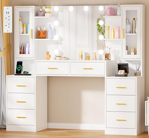 YUNSCEND 150cm Large Dressing Table with Mirror,10 LED Lights,Power Outlet | White Makeup Vanity Desk with Power Outlet and 8 Drawers 8 Storage Shelves Modern Vanity Table for Girl Women Bedroom YBDT97W