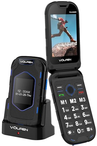 Volfen Ranger - Teléfono Robusto de Tapa para Personas Mayores de Doble Pantalla, Botones y Teclas Grandes, fácil de Usar, USB-C, 3 memorias directas, Base de Carga