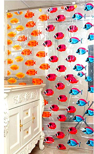 Quality Transparent Fish Clear Plastic Shower & Bath Curtain, 180 x 200 cm, 12 Hooks, Blue/Orange/Yellow/Black/Green - Long Length