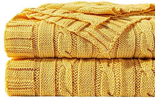 NTBAY 100% Pure Cotton Cable Knit Throw Blanket, Super Soft Warm 130x170 Knitted Throw Blanket for Couch, Sofa, Chair, Bed - Extra Cozy, Machine Washable, Comfortable Home Decor, Yellow, 130x170 cm
