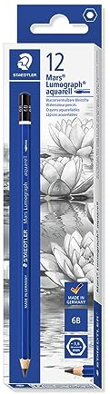 STAEDTLER wasservermalbare Künstlerbleistifte Mars Lumograph aquarell (Sechskantform, unglaublich bruchfeste Premium-Bleistifte, hohe Qualität, Härtegrad 6B, Faltschachtel mit 12 Bleistiften, 100A-6B)