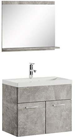 Badezimmer Badmöbel Set Montreal 02 60cm Waschbecken Beton Grau - Unterschrank Waschtisch Spiegel Möbel