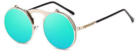 Dollger Runde Steampunk Sonnenbrille Flip up Linse Retro Metall Rahmen Sonnenbrille für Damen Herren Silber Rahmen/Grün Linse