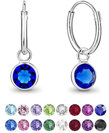 DTPsilver® KLEINE Creolen Ohrringe 925 Sterling Silber mit Swarovski® Elements Kristall Rund - Mädchen - Dicke 1.2 mm - Durchmesser 12 mm - Farbe : Majestätisches Blau