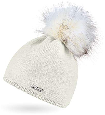 Neverless® Damen Strickmütze Strick-Beanie mit Bommel Winter-Mütze Bommelmütze Feinstrick Creme