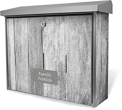 banjado® Burgwächter Briefkasten Edelstahl 38,5x31,5x12cm mit Motiv Holz Monochrom/Briefkasten Edelstahl ohne Zeitungsfach/Briefkasten grau/Postkasten inkl. Montagematerial & 2 Schlüsseln