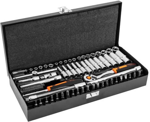 NEO TOOLS Steckschlüssel 1/4, Satz mit 63 Teilen; CrV Stahl; ¼-Knarre, 32 ¼-Einsätze, 4 Verlängerungen, T-Griff, Gelenk, ¼-Schraubendrehergriff, Bohreradapter und 22 Bits; Koffer