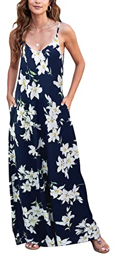 Supnier Women's Summer Maxi Dress Casual V-Neck Sleeveless Bohemian Spaghetti Strap Floral Long Maxi Dress with Pockets, A-lily Navy Blue, XXL