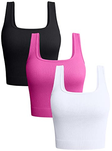 OQQ Damen 3-teiliges Tank-Top Gerippt Nahtlos Workout-Shirts Yoga Bauchfreies Top