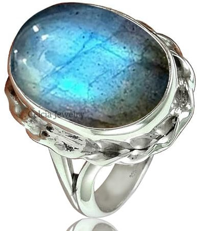 Natural Labradorite Blue Fire Gemstone Oval Ring, Solid 925 Sterling Silver Statement Ring, Wedding Ring, Unique Handmade Jewelry for Women (labradorite, Size 10.5)