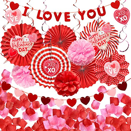 Mauts Valentines Decorations Love Paper Fan Flower Set with Simulated Petals and a Love Card for Valentine's Day Decoration Party (red)