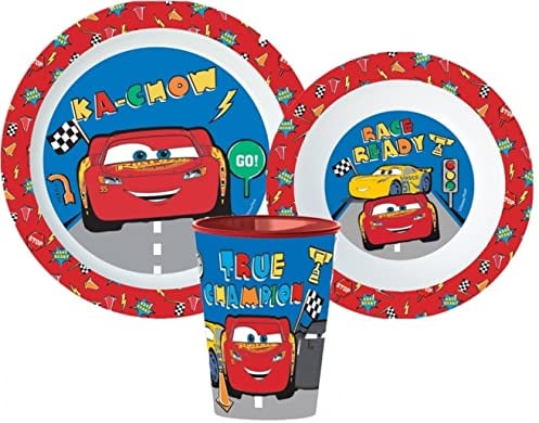Microwave Safe 3pcs Cartoon Character Dinner Tableware Set Plate, Bowl & Cup, BPA Free re-usable Plastic (Cars)
