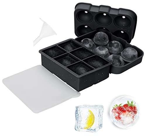 2 Pack Ice Cube Trays, Silicone Sphere Whiskey Ice Ball Mould and Large Square Ice Cube Mould, 6 Big Ice Cubes per Tray for Cocktails, Whiskey and Drinks Ice Cool (Black, Square + Round)