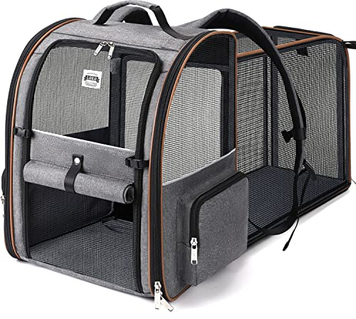 Lekespring Katzen Rucksack Hunderucksack für Große Katzen Hunde bis 12kg, Erweiterbar Faltbare Haustier Rucksack mit Innerer Sicherheitsleine und Haustiermatte, Grau-XL