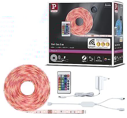 Paulmann 70534 SimpLED LED Strip Smart Home Zigbee RGB Komplettset 5m 20W 450lm 30LEDs/m RGB 24VA Profil für Leuchtstreifen