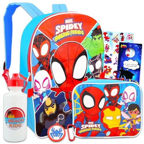 Marvel Spidey and His Amazing Friends - Juego de mochila escolar de 5 piezas de Spiderman con mochila de 16 pulgadas para niños, bolsa de almuerzo Spidey, botella de agua, calcomanías y más | Paquete