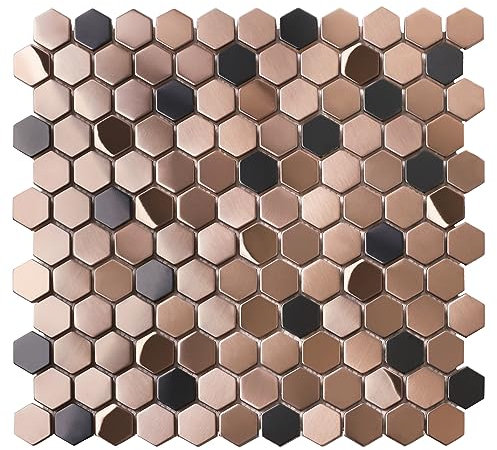 Primoon Hexagon Copper Mosaic Tile, Mosaic Sheets 6mm Thickness Mesh Mounted Hexagonal Mosaics, Bronze Copper Black Accent Tiles for Kitchen Backsplash Bathroom Shower Wall Floor Café Decor【5 Sheets】