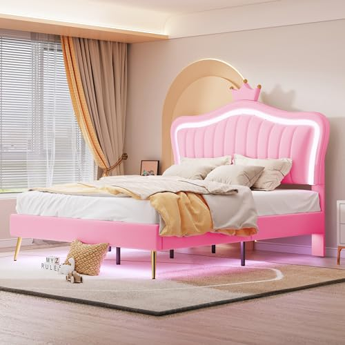 FEZTOY Kinderbett Polsterbett 140x200, Bettgestell für Mädchen, mit verstellbares Kopfteil, Kronen-Doppelbettgestell aus PU-Leder mit Lattenrost und Rückenlehne, ohne Matratze (Rosa-140x200)