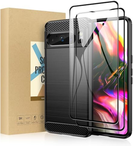 SCL Hülle Für Google Pixel 8 Pro Panzer Schutz Glas und Hülle Google 8 Pro Handyhülle Pixel 8 Pro, [2 Stück,9H Härte] Panzer Schutz Glas und Carbon-Faser Gebürstete Textur Design Schutzhülle