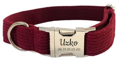 Collier Chien Personnalisé Velours Côtelé (L, Bordeaux)