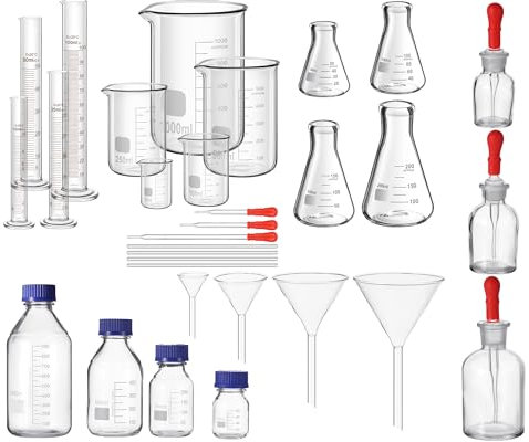 Saysurey 31 Pcs Lab Glassware Set Include Measuring Beakers Cylinders Erlenmeyer Flasks Dropper Bottle Media Bottles Glass Stirring Rods Dropper Funnels for Science Chemistry Equipment Supplies