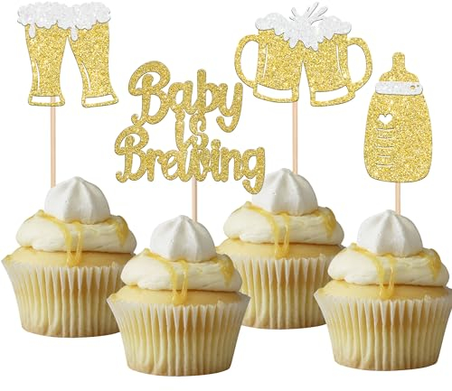 Xsstarmi 24 Pack Cheers and Beers Cupcake Toppers Glitter Beer Mug Cupcake Picks Baby Bottle Beer Cup Cake Decorations for Cheers Beer Festival Baby Shower Birthday Party Supplies Gold