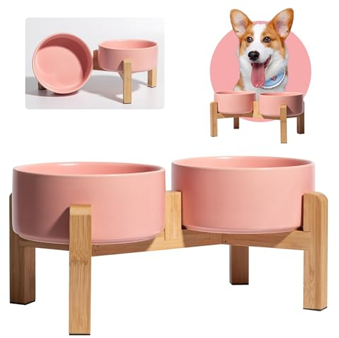Ciotole Rialzate per Cani - Set Doppio in Ceramica con Supporto in Bambù Antiscivolo - per Cibo e Acqua - Scodelle per Piccola e Media Taglia - 2 x 850 ml
