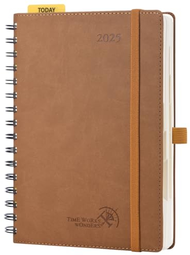 POPRUN Kalender 2025 Tagesplaner Softcover 21,5 x 14,5 cm (Jan.2025-Dez.2025), Tageskalender Ringbuch 1 Tag 1 Seite (Montag - Sonntag) mit PU-Leder, Monatliche Registerkarten - Braun